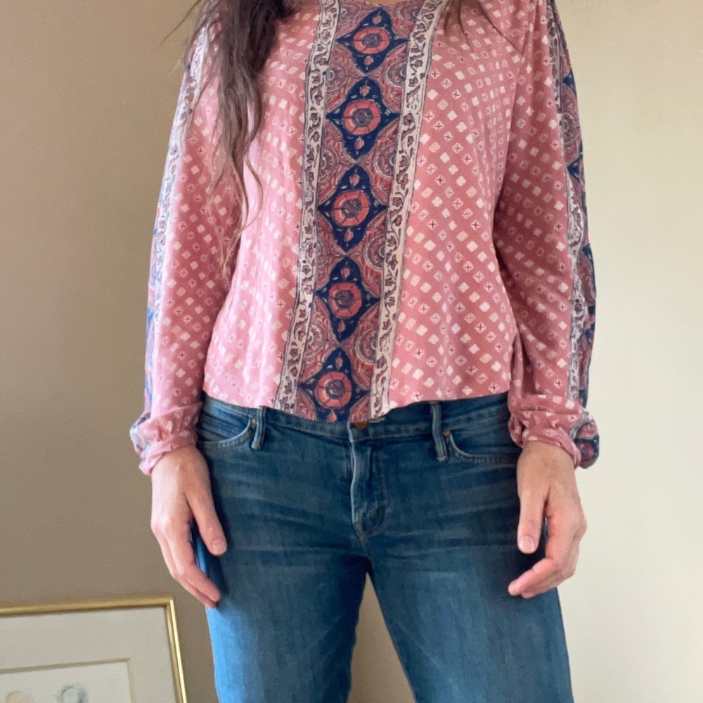 Lucky Brand dusty rose and blue peasant smock top, side medium - Picture 4 of 15